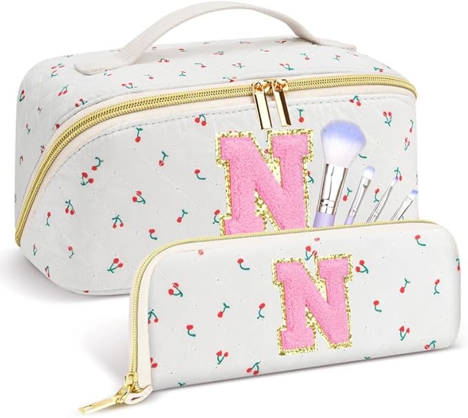Personalized Travel Makeup Bag Set, Initial Cute Cherry Makeup Organizer Bag, Toiletry Skincare Cosmetic Bag, Valentine’s Day Gifts for Women/Girls, Open Flat Toiletry Pouch with Brush Pocket