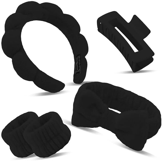 Canitor Sponge Spa Headbands Wristband Set with Hair Clips Skincare for Washing Face Non Slip Puffy Terry Cloth Makeup Headband Face Wash Wrist Bands Cute Trendy Stuff (black)