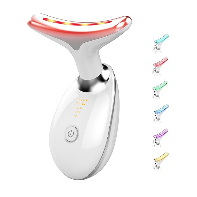 Face Massager with Led Light: 7-Color Facial Device - Neck Wrinkles Tightening Wand - Vibration Tool for Skin Care, White