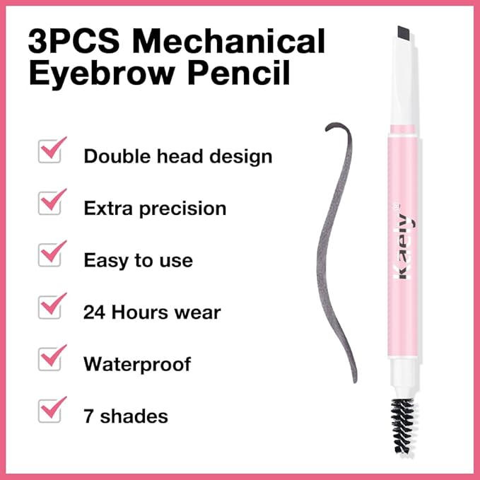 3Pcs Waterproof Eyebrow Pencil, Professional Makeup Micro Brow Pencil, Double-ended ultra-fine eyebrow pencil, Ultra-Fine Mechanical Pencil (3, 02#Dark Gray)