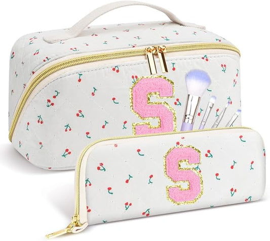 Personalized Travel Makeup Bag Set, Initial Cute Cherry Makeup Organizer Bag, Toiletry Skincare Cosmetic Bag, Valentine’s Day Gifts for Women/Girls, Open Flat Toiletry Pouch with Brush Pocket