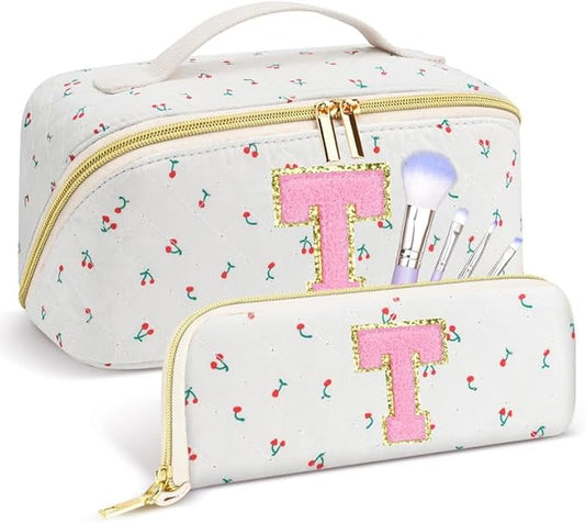 Personalized Travel Makeup Bag Set, Initial Cute Cherry Makeup Organizer Bag, Toiletry Skincare Cosmetic Bag, Valentine’s Day Gifts for Women/Girls, Open Flat Toiletry Pouch with Brush Pocket
