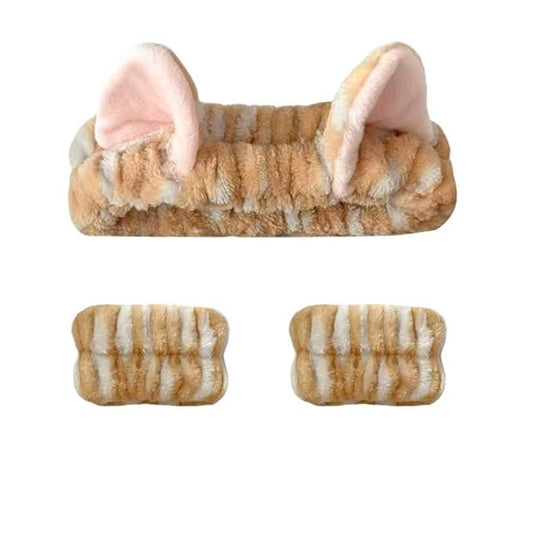 Cute Spa Headband and Wristband Set for Women Kawaii Cat Ear Yellow Makeup Headband for Washing Face (3PCS, Yellow)
