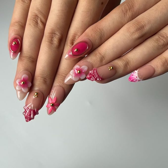 MAGLFELL Press On Nails Medium Almond Shape False Nails, Handmade Acrylic Gel Fake Nails with Art Designs, Reusable 10 Pcs 3D Nails for Women DIY Manicure Kit