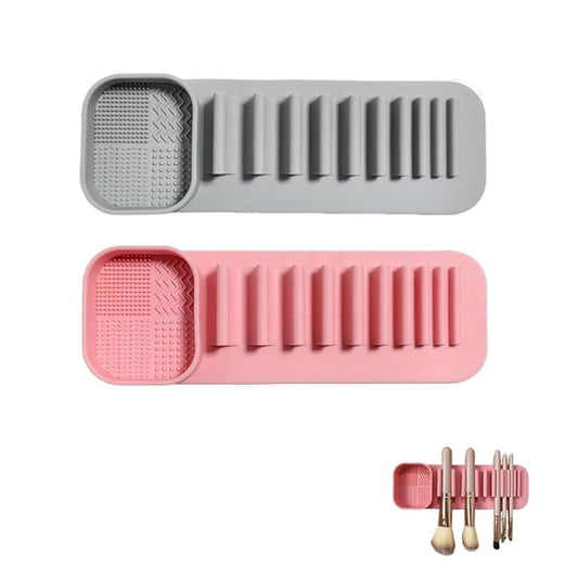 Silicone Makeup Brush Holder with Suction Wall Mount, Cosmetic Brush Drying Rack, Storage Organizer, Pink and Gray，2 Piece