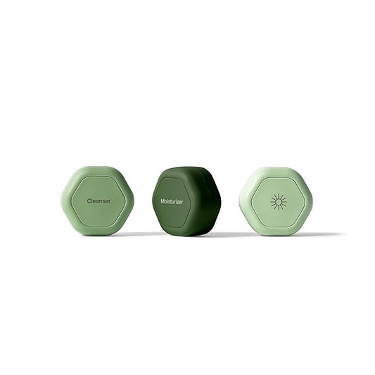 Cadence Travel Containers Basic Skincare Set - Magnetic Containers with Lids,Carry On Travel Essentials For Women/Men - 3 Small Capsules (0.56oz) - Cleanser, Moisturizer & Sun-Icon Labels - Evergreen