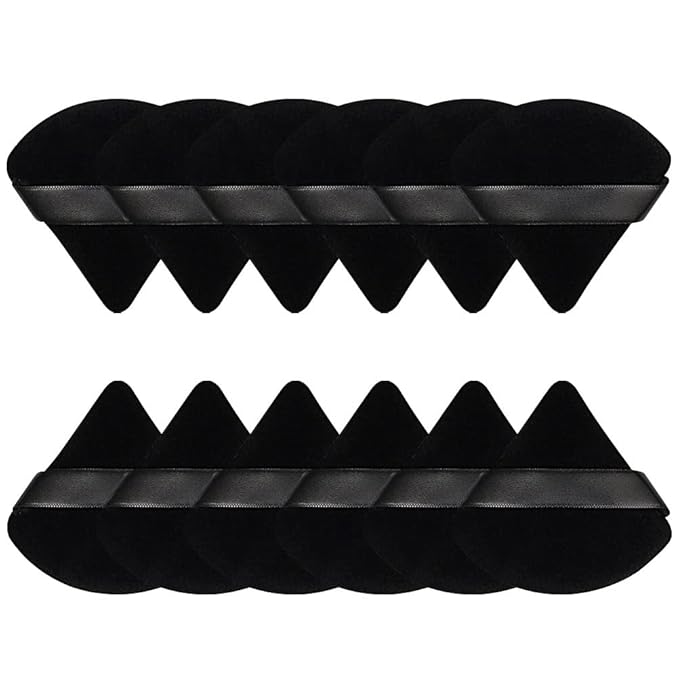 Pimoys 12 Pieces Powder Puff Face Triangle Makeup Sponge for Loose Powder Setting Powder Velour Foundation Blender Sponge Beauty Makeup Tool, Black