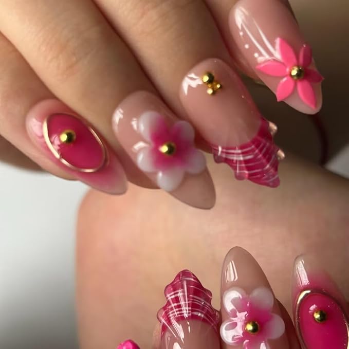 MAGLFELL 10Pcs Press On Nails Handmade Almond Shaped Fashionable Nail Art for Women, 3D French Floral Fake Nails, Reusable Artificial False Nails Pink Acrylic Nails Kit (Size M)