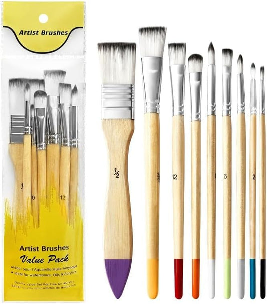 CPLAGYUEWZ Paint Brushes Set, 1 Pack 9 Pcs Round-Pointed Tip Nylon Hair Artist Acrylic Paint Brushes for Acrylic Painting Oil Watercolor, Face Nail Art, Canvas, Miniature Detailing & Rock Painting