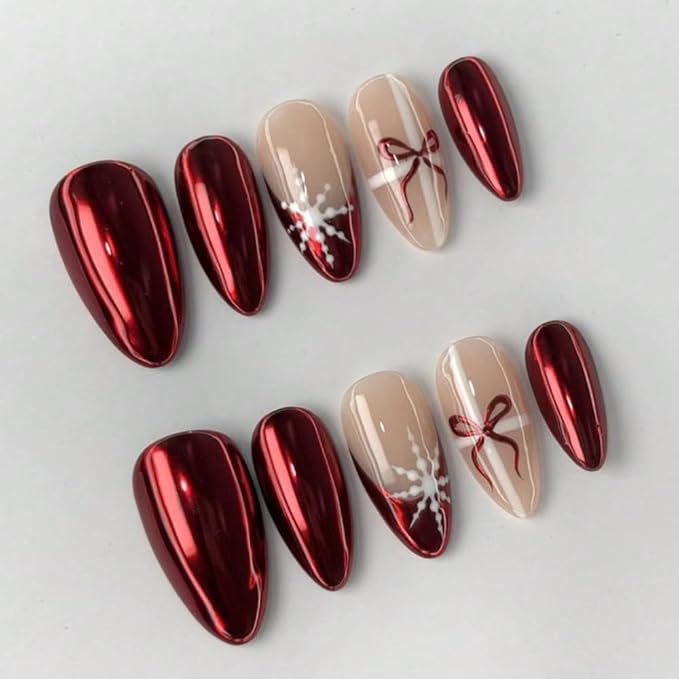 Valentine's Day Press On Nails - MAGLFELL Handmade Medium Length Almond False Nails, 10Pcs Red Cute 3D Painting Bows Art Desigen, Reusable Winter press ons (Size M)