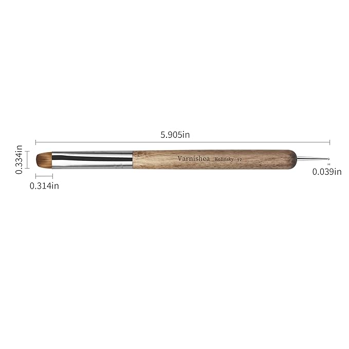varnishea Kolinsky French Tip Nail Art Brush Solid Wood Handle Gel Acrylic Nail Dotting Tool for Manicure Clean Up and Dotting Manicure Tool Professional Nail Brush - Size 12, 1.0 Count