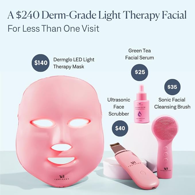 LED Face Mask Light Therapy Premium Spa Kit (4 Pcs) - With Ultrasonic Scrubber, Ultrasonic Brush & Green Tea Serum - 7 Colors (Blue & Red) Light Therapy Mask -Spa Light Therapy Facial For Rejuvenation