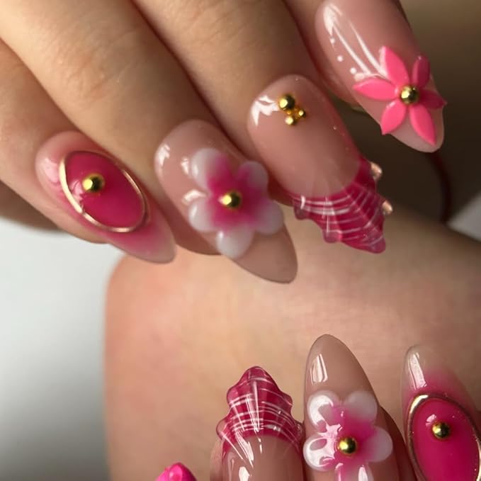MAGLFELL Press On Nails Medium Almond Shape False Nails, Handmade Acrylic Gel Fake Nails with Art Designs, Reusable 10 Pcs 3D Nails for Women DIY Manicure Kit