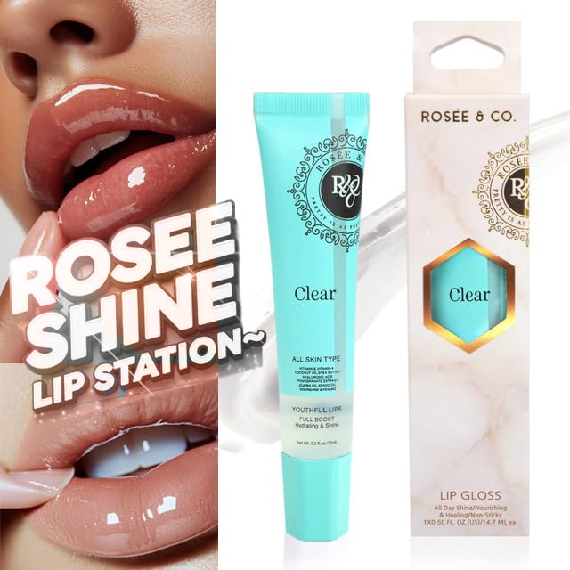 Rosee Lip Gloss Vegan & Cruelty Free Treatment, Professional Make up, Long Lasting Glossy with Shea Butter, Moisturize, Protect & Smooth, High Shine, Non-Sticky - Clear, 05 Fl oz