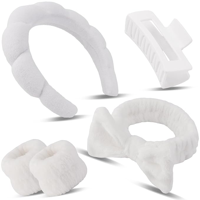 Canitor Spa Headband Wrist Bands with Hair Clips White Non Slip Puffy Terry Cloth Makeup Skincare for Washing Face Skin Care Preppy Teen Girl Gifts Women Cute Trendy Stuff Stocking Stuffer