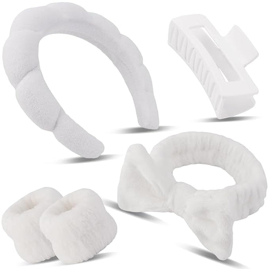 Canitor Spa Headband Wrist Bands with Hair Clips White Non Slip Puffy Terry Cloth Makeup Skincare for Washing Face Skin Care Preppy Teen Girl Gifts Women Cute Trendy Stuff Stocking Stuffer
