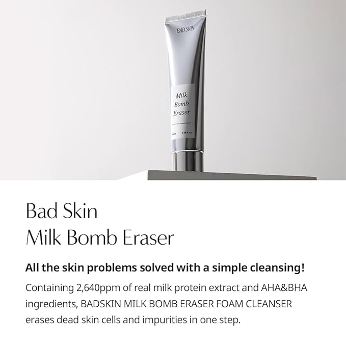 BadSkin Milk Bomb Eraser 100ml | Gentle Daily Cleansing Foam with Milk Protein Extract & AHA/BHA | Hydrating & Pore Cleansing Formula | Made in Korea