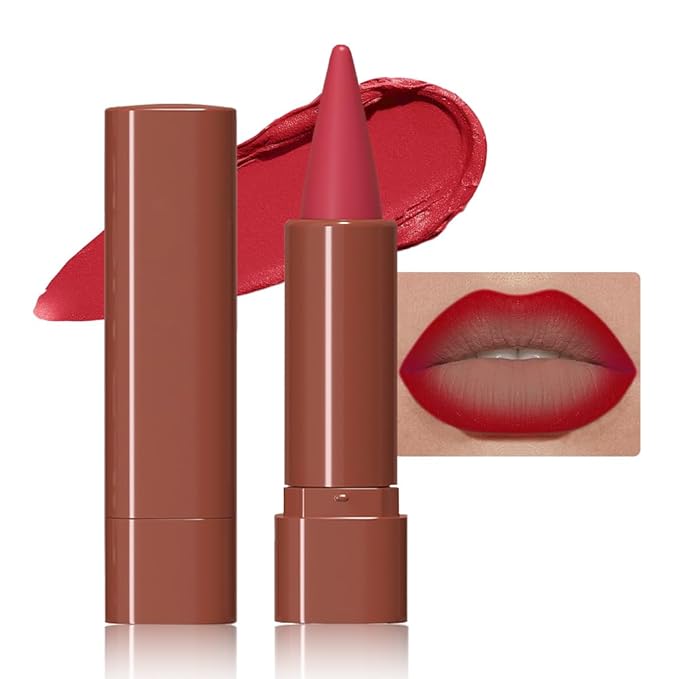 evpct Ruby Red Gradient Matte Lipstick Lip Liner Crayon Combo Pencil Set for Women Long Lasting Waterproof, Sexy Red Matte Cream Lip Liner and Lipstick Combo Makeup Flawless Gradual Ombre Effect, A06