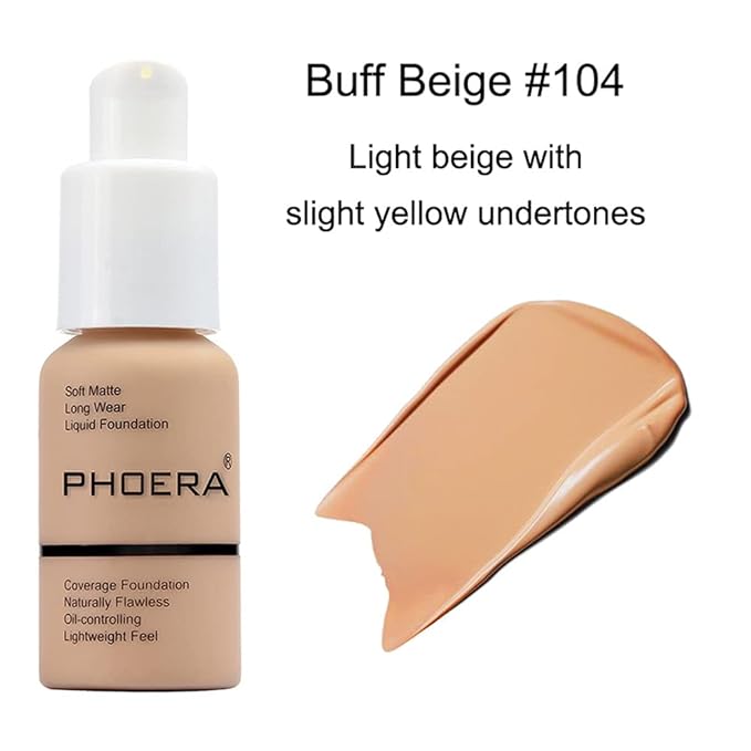 5PCS Liquid PHOERA Foundation Makeup Set Matte Liquid Full Coverage Oil Control Breathable Invisible Cover Concealer Foundation with Face Primer, Foundation Brush, Makeup Sponge (104 Buff Beige)