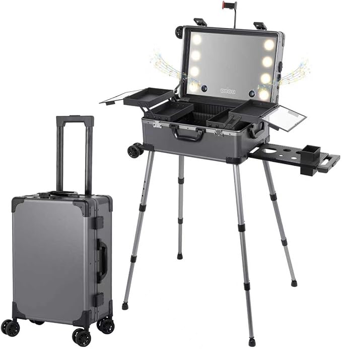 Rolling Makeup Train Case with Lighted Mirror and Bluetooth Speaker Professional Cosmetic Organizer Case with Wheels, Stands Portable Makup Station Vanity for Travel (Gray, Small)