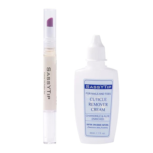 SASSYTIP Cuticle Care Duo: Cuticle Remover Gel & Ceramic Pusher Pen | Instant Dead Skin Removal & Deep Hydration | For Salon-Smooth Nails, Gel & Press-On Prep | 1 fl oz + 2ml Oil Pen (Beige&Gel)