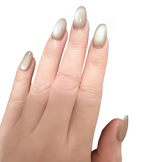 Cat Eye Press on Nails Handmade Short Oval/Square/Round False Nails with French Tip/Aurora/Magnetic Shimmer Designs (Plain Water S)