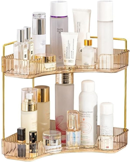 Corner Bathroom Counter Organizer, Vanity Trays for Bathroom, Skincare Makeup Organizer Shelf, Shelf Cosmetics, Toiletries, Lotions, Perfumes (2 Tiers, Amber)