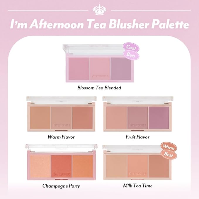 I'M MEME Blusher Palette - Afternoon Tea_Fruit FLavor | Soft Pink, Peach, Lavender, 3 Shades Palette, Matte Powder, Face & Cheeks, For All Skin Tones, Powdery Finish, Lightweight Formula, 0.4 Oz