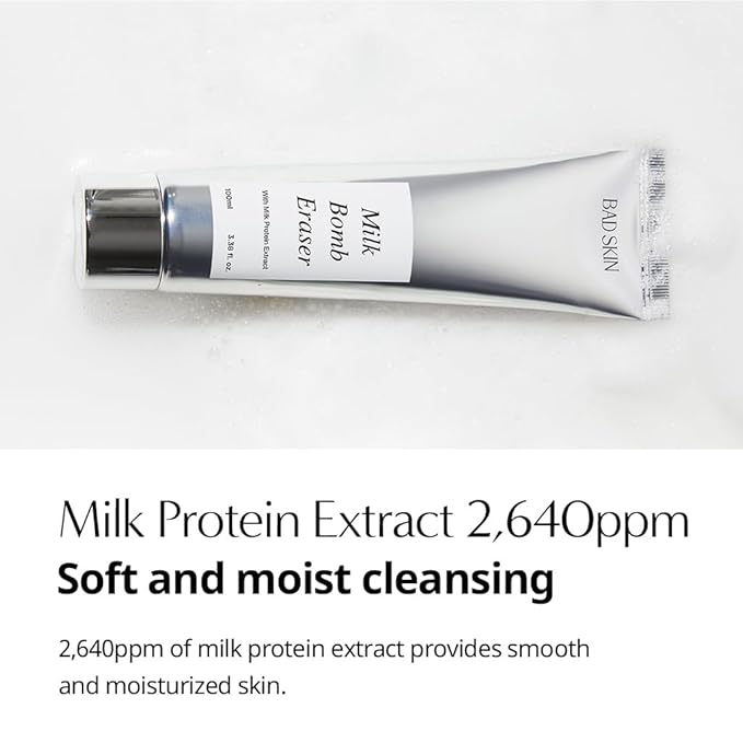 BadSkin Milk Bomb Eraser 100ml | Gentle Daily Cleansing Foam with Milk Protein Extract & AHA/BHA | Hydrating & Pore Cleansing Formula | Made in Korea