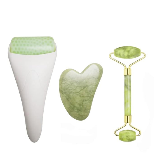 Chikoni 3 in 1 Ficial Face Ice Jade Roller and Gua Sha Tool, Natural Real Jade Anti-Wrinkle Face Eye Neck Massager Tool, Reduce Wrinkles, Puffiness, Migraine, Redness, Pain and Injury