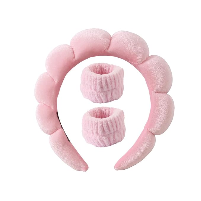 Spa Headband for Washing Face Wristband Set Sponge Makeup Skin Care Terry Cloth Bubble Soft Get Ready Hairband Women Girls Puffy Padded Headwear Non Slip Thick Hair Accessory (Pink)