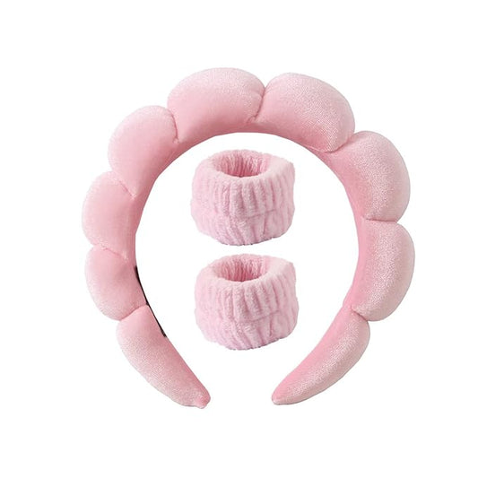 Spa Headband for Washing Face Wristband Set Sponge Makeup Skin Care Terry Cloth Bubble Soft Get Ready Hairband Women Girls Puffy Padded Headwear Non Slip Thick Hair Accessory (Pink)
