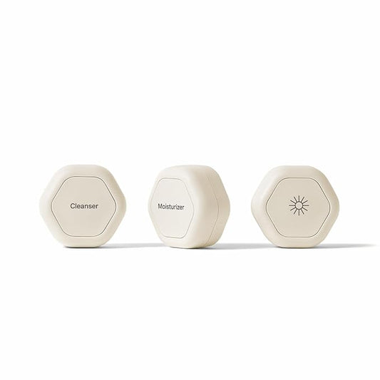 Cadence Travel Containers Basic Skincare Set - Magnetic Containers with Lids,Carry On Travel Essentials For Women/Men - 3 Small Capsules (0.56oz) - Cleanser, Moisturizer & Sun-Icon Labels - Sand
