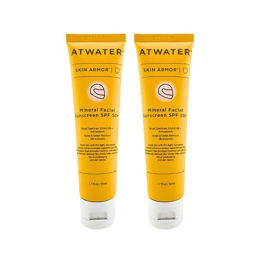 ATWATER Skin Armor Mineral Face Sunscreen SPF 50+, Ultra Light All-in-One Sunblock Moisturizer for Men and Women, Water & Sweat Resistant - 1.7 oz (2-Pack)