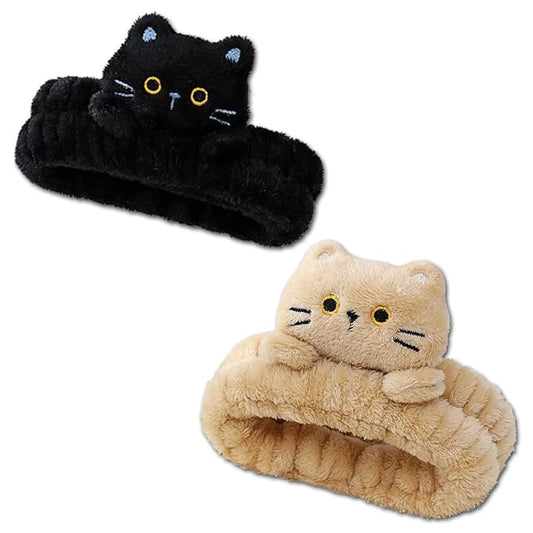 PERFECTSIGHT Spa Headband for Washing Face, 2 Pack Cute Hair Band for Shower Yoga Beauty Skincare Party, Soft Fluffy Makeup Headband, Kawaii Facial Headbands for Woman Girls, Kitty