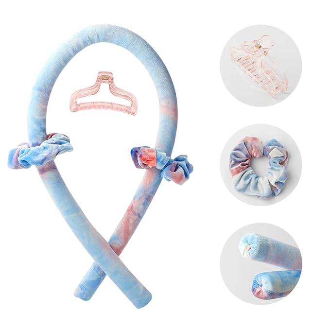 Heatless Curling Rod Headband No Heat Silk Ribbon Curling Rod Hair Roller Curls with Hair Claw Clip Lazy Natural Soft Wave DIY Hair Rollers Styling Tool for Sleep in Overnight (Cai)