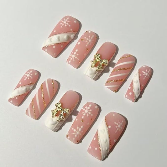Christmas Press On Nails MAGLFELL Handmade Square Fake Nails, Painting Snowflakes and Gold Plated Bow Design,10 Pcs Reusable ABS Material Acrylic Fingernail Tip Salon Artificial Nails Kit (Size S)