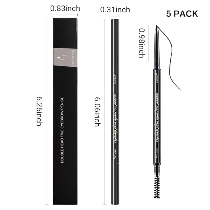 Black Ultra-Fine Tip Eyebrow Pencils Pack for Women, 5Pcs Mechanical Precise Brow Pencil with Brush,Draws Tiny Brow Hairs, Defines, Fills Brows, Shapes, Contours, Combs, Waterproof