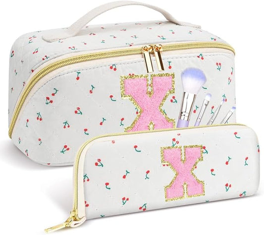 Personalized Travel Makeup Bag Set, Initial Cute Cherry Makeup Organizer Bag, Toiletry Skincare Cosmetic Bag, Valentine’s Day Gifts for Women/Girls, Open Flat Toiletry Pouch with Brush Pocket