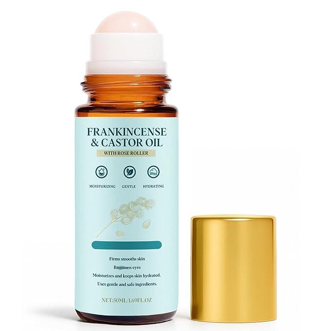 Frankincense and Castor Oil Rose Quartz Roller – Organic Cold-Pressed Castor Oil Roll-On with Removable Rose Quartz | Firms Smooths Skin, Suitable for Face, Neck, Abdomen, 50ML/1.7OZ (1)