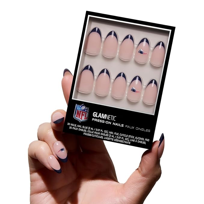 Glamnetic x Fanatics Press On Nails - New England Patriots | Short Almond Fake Nails, NFL Patriots Navy French Tips, Football Nails, Salon-Quality | 15 Sizes - 30 Nail Kit with Glue