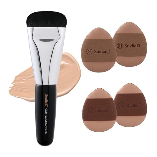 Studio17 Mini Flat Foundation Brush & Small Puff Set | Small Makeup Brush Set with 4 Mini Sized Puffs | Kit for Liquid Foundation Makeup for Base | 0.06mm Micro Synthetic Bristle & Case Pack Included