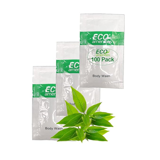 ECO amenities Body Wash Sachets - Leak-Proof TSA Approved Travel Toiletries - Green Tea Scented Liquid Soap Packets - Cruelty-Free Individual Body Wash Packets - 0.35 Fl Oz, Pack of 100