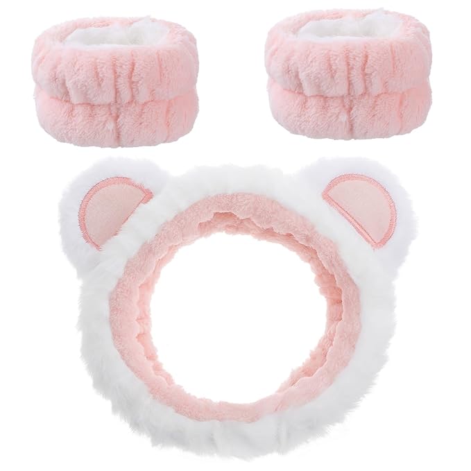 DOPENSPI 3Pcs Face Wash Headband with Wrist Towels, Soft Elastic Bear Ears Spa Headband Face Wash Hair Band Wristband Makeup Headbands for Women Skincare Bath Shower