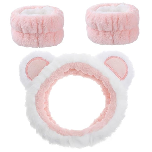 DOPENSPI 3Pcs Face Wash Headband with Wrist Towels, Soft Elastic Bear Ears Spa Headband Face Wash Hair Band Wristband Makeup Headbands for Women Skincare Bath Shower