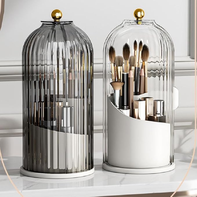Concealed Toothbrush Holder with Sliding Lid, 360° Rotating Makeup Brush Organizer, Dustproof Storage Tube for Vanity Countertop, Portable Cosmetic & Tool Case (White)