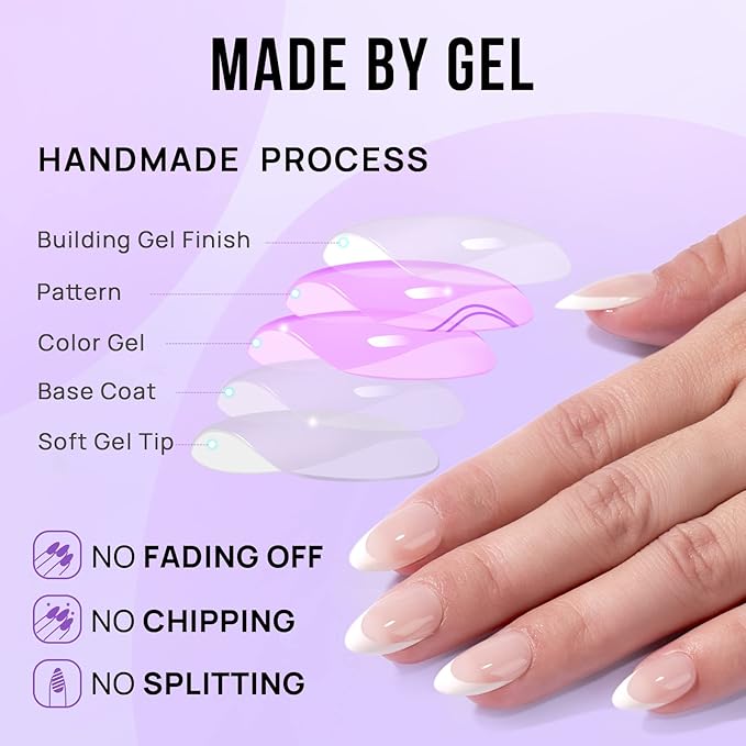 BTArtbox Press On Nails Short - Almond French Tip Press On Nails with Glue for Women, Soft Gel Glue On Nails in 16 Sizes - 32 Stick On Nails Kit, White French