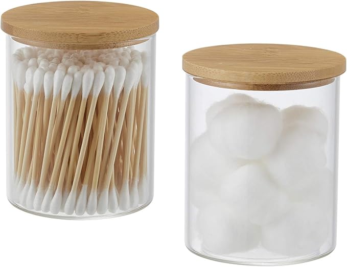 INIUNIK Qtip Holder With Vanity Tray, Glass Apothecary Jars With Lids for Bathroom, Cotton Ball Swab Pad Rounds Holder Canister Jars for Restroom Decorations and Organizer