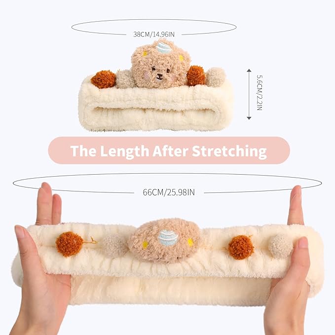 PERFECTSIGHT Spa Headband for Washing Face, 2 Pack Cute Hair Band for Shower Yoga Beauty Skincare Party, Soft Fluffy Makeup Headband, Kawaii Facial Headbands for Woman Girls, Bear