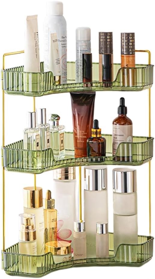 Corner Bathroom Counter Organizer, Vanity Trays, Skincare Makeup Organizer, Bathroom Counter Shelf (3 Tiers, Green)